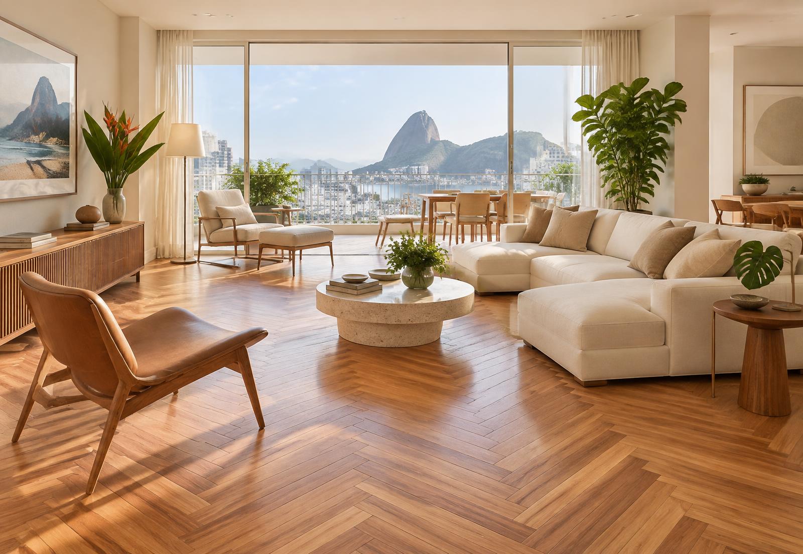 Sala ampla com piso de madeira em espinha de peixe