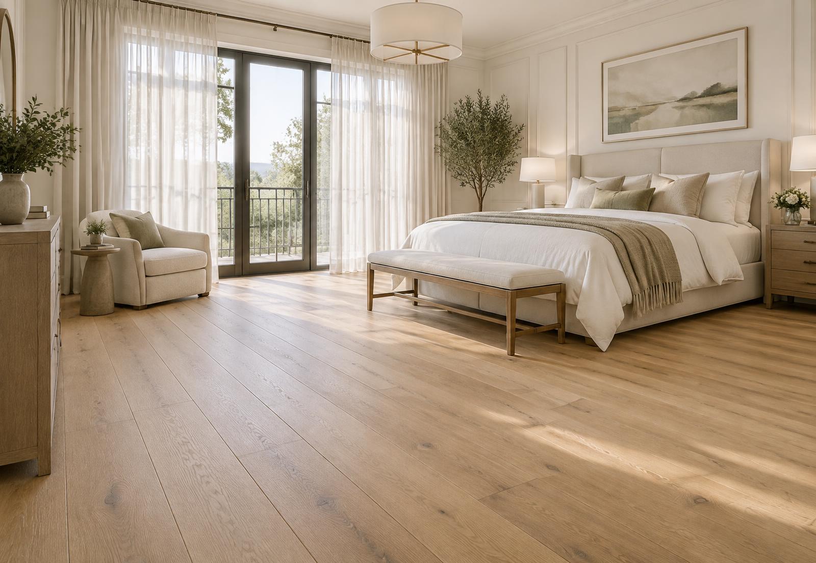 Quarto elegante com piso de madeira régua larga